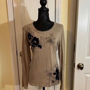 Sonoma Tan Long Sleeve Top with Black Floral Design